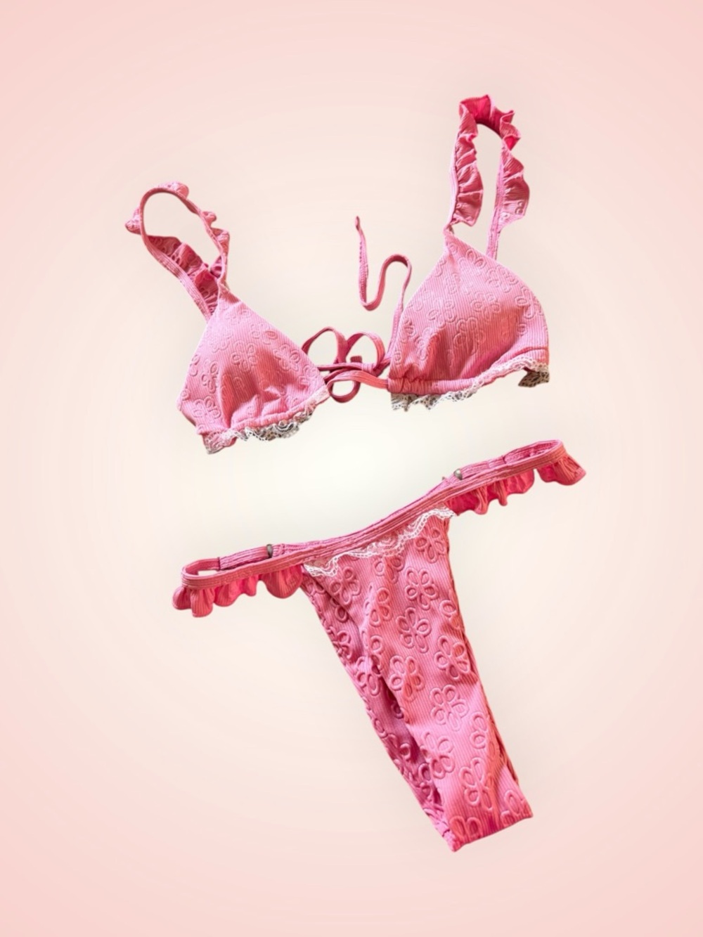 Pink Ruffle Eyelet Lace Bikini Set - Womens swim, size small